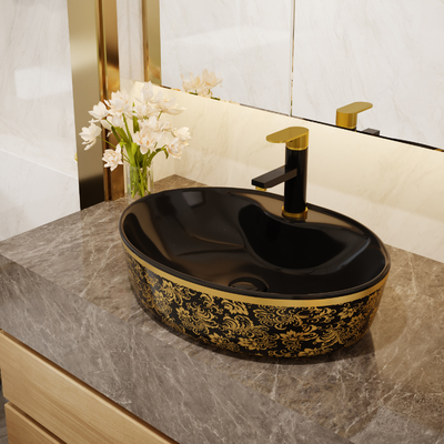 Color oro libre oval de lujo del negro del lavabo de la vanidad con el grifo