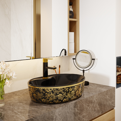 Color oro libre oval de lujo del negro del lavabo de la vanidad con el grifo