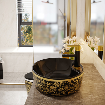 Color oro libre oval de lujo del negro del lavabo de la vanidad con el grifo