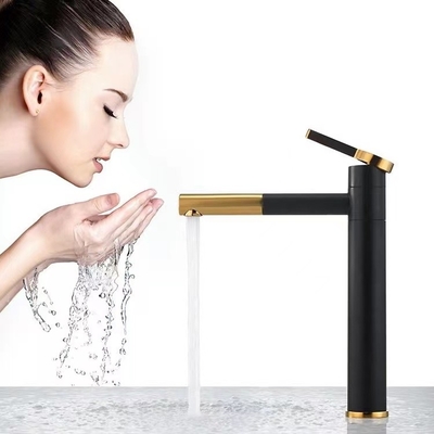 Grifo del lavabo del negro de la cascada con el mezclador caliente y frío de oro de la manija